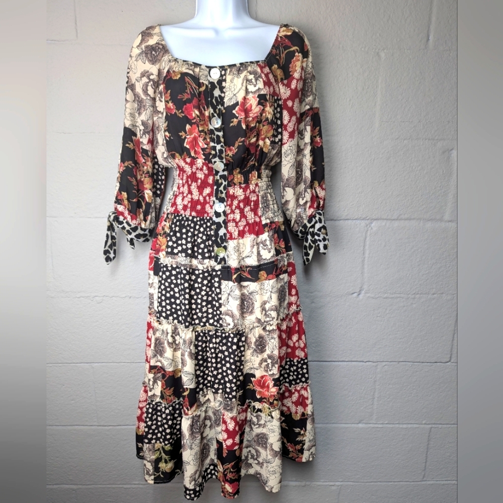 Vintage Patchwork Midi Dress Size S Tiered Elastic Smocking Feminine